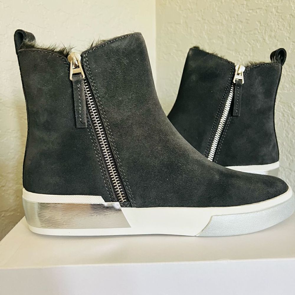 DOLCE VITA Faux Shearling Sneaker Wedge Bootie,  Black‎ Leather, Size 8 1/2, NWT